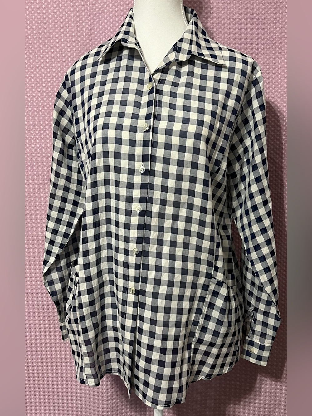 Eileen Fisher Navy and White Gingham Button-Down Shirt